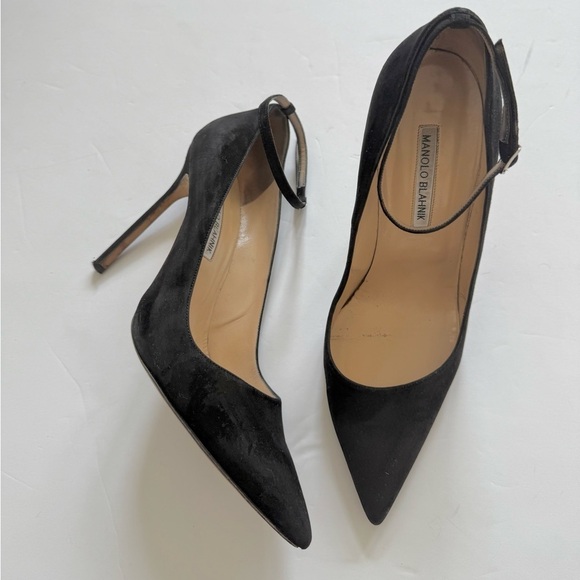 Manolo Blahnik Black Suede Leather BB Strap 115mm pointed toe pumps EU 40.5 - Picture 2 of 11